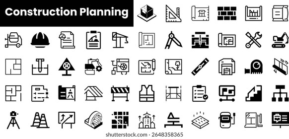 A collection of monochrome icons representing construction planning and project management tools in a sleek and modern design.