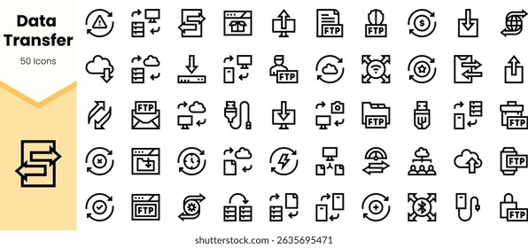 A collection of monochrome icons representing data transfer concepts, showcasing various formats including cloud storage, uploading, and downloading symbols.