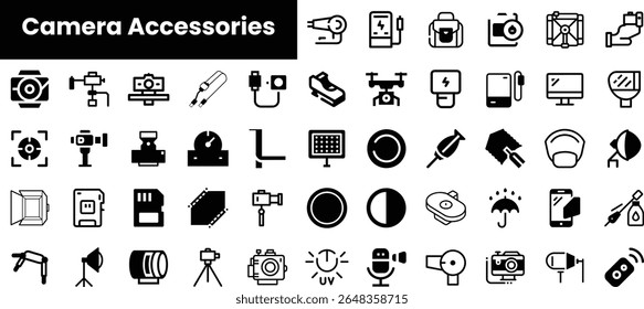 A collection of monochrome icons representing various camera accessories, including tripods, lights, and lenses, perfect for photography enthusiasts.