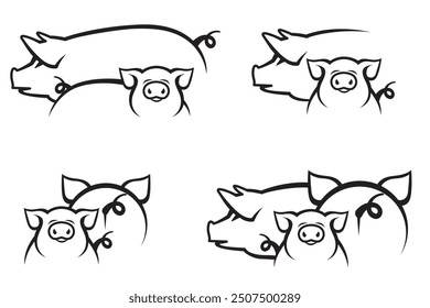 collection with monochrome illustration of pigs and piggy isolated on white background