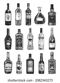 Collection of monochrome illustrations of alcohol bottles in sketch style. Hand drawings in art ink style. Black and white graphics.