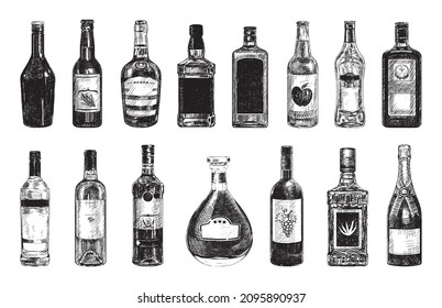 Colección de ilustraciones monocromáticas de bebidas alcohólicas en estilo boceto. Dibujos a mano en estilo de tinta artística. Gráficos en blanco y negro.