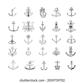 Collection of monochrome illustrations of anchors in sketch style. Hand drawings in art ink style. Black and white graphics.