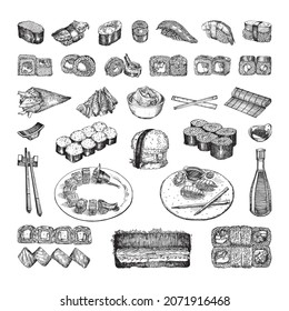 Collection of monochrome illustrations of asian food in sketch style. Hand drawings in art ink style. Black and white graphics.