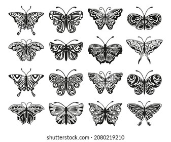 Collection of monochrome illustrations of butterflies in sketch style. Hand drawings in art ink style. Black and white graphics.