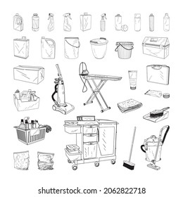 Collection of monochrome illustrations of cleaning equipment in sketch style. Hand drawings in art ink style. Black and white graphics.