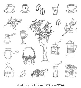 Collection of monochrome illustrations of coffee in sketch style. Hand drawings in art ink style. Black and white graphics.