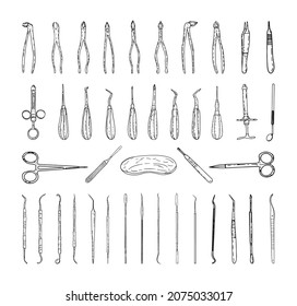 Collection of monochrome illustrations of dental instruments in sketch style. Hand drawings in art ink style. Black and white graphics.