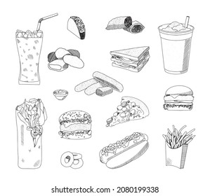 Collection of monochrome illustrations of fast food in sketch style. Hand drawings in art ink style. Black and white graphics.