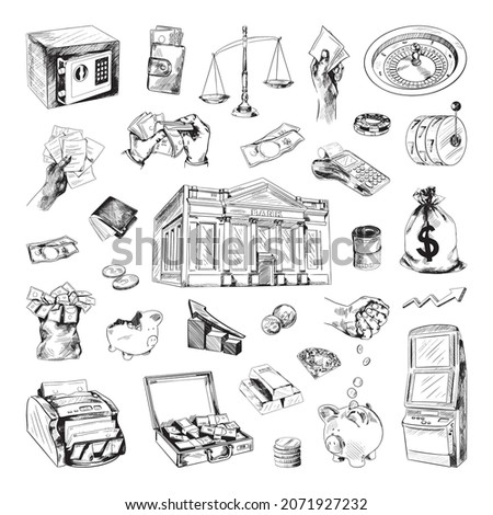 Collection of monochrome illustrations of finance in sketch style. Hand drawings in art ink style. Black and white graphics.