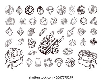 Collection of monochrome illustrations of gemstones in sketch style. Hand drawings in art ink style. Black and white graphics.