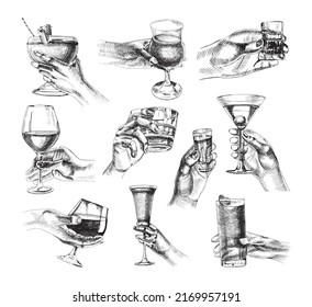 Collection of monochrome illustrations of hands holding alcohol in sketch style. Hand drawings in art ink style. Black and white graphics.