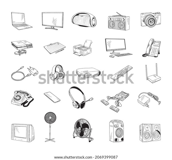 Collection of monochrome illustrations of\
household appliances in sketch style. Hand drawings in art ink\
style. Black and white\
graphics.