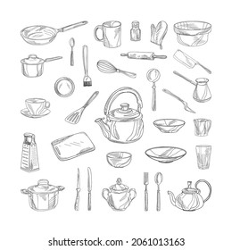 Collection of monochrome illustrations of kitchen accessories in sketch style. Hand drawings in art ink style. Black and white graphics.