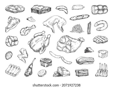 Collection monochrome illustrations meat products in sketch style  Hand drawings in art ink style  Black   white graphics 
