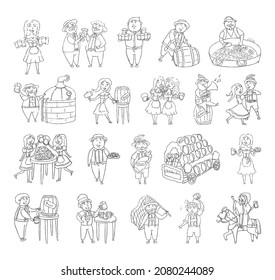 Collection of monochrome illustrations of oktoberfest in sketch style. Hand drawings in art ink style. Black and white graphics.