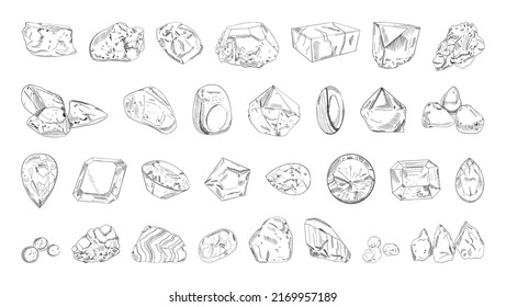 Collection of monochrome illustrations of precious and ordinary stones in sketch style. Hand drawings in art ink style. Black and white graphics.