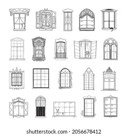 Collection of monochrome illustrations of windows in sketch style. Hand drawings in art ink style. Black and white graphics.