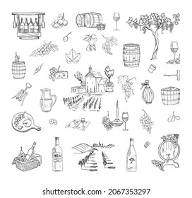 Collection of monochrome illustrations of wine production in sketch style. Hand drawings in art ink style. Black and white graphics.