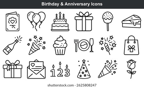 Collection of monochrome line art birthday and anniversary celebration icons set