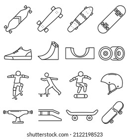 Collection monochrome linear skate icon vector illustration. Set skateboard action trick and equipment for hobby or professional riding isolated. Extreme recreational sport activity line logo