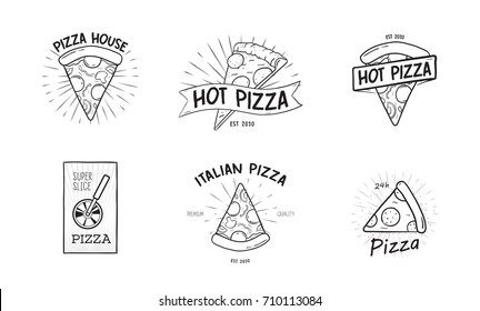 Collection of monochrome logotypes with pizza slices and wheel cutter hand drawn in retro style. Vector illustration in black and white colors for logo of Italian restaurant, food delivery service.
