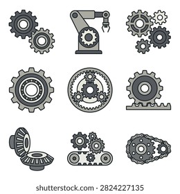 A collection of monochrome mechanical icons featuring various gear systems, industrial robotic arms, conveyor belts, and chain drives for engineering and technology concepts.