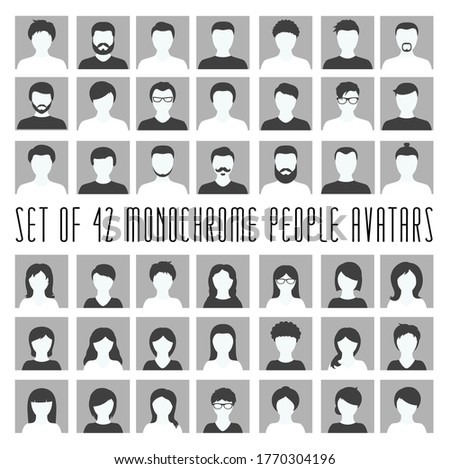 Collection of monochrome member icon. Faces of woman and man with different hairstyle. Male and female silhouettes. Anonymous user portrait. Vector avatar set. Illustration EPS8