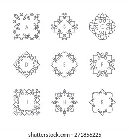 
Collection of monochrome monogram design templates. Floral logo design element. Elegant ornamental abstract vector illustration. Outline emblems and badges. Hipster logotype templates. 
