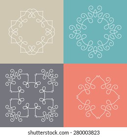 Collection of monochrome monogram design templates. Floral logo design element. Elegant ornamental abstract vector illustration. Outline emblems and badges. Hipster logotype templates. 
