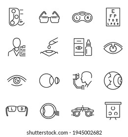 Collection of monochrome optometry icons vector illustration. Set of simple contour accessories for ophthalmology vision isolated. Healthcare medical science instruments. Optician equipment
