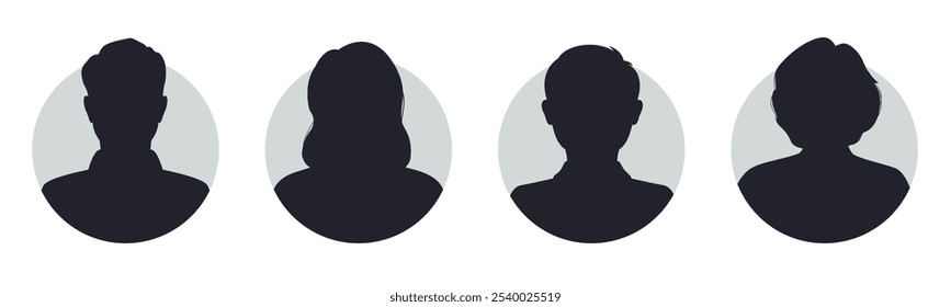 Collection of monochrome portraits, silhouettes, man, woman, people. Vector avatars in a circle. Unknown anonymous people, profiles on social networks. All objects are isolated