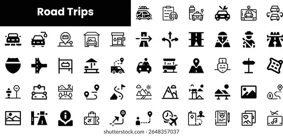 A collection of monochrome road trip icons depicting vehicles, navigation symbols, and travel elements showcasing the joy of adventure on the open road.