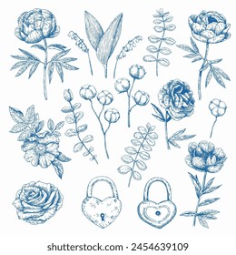 Colección de Elementos florales románticos monocromáticos en estilo victoriano grabado, eucalipto, algodón, flores de peonía. Ilustración vectorial.