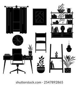 A collection of monochrome Scandinavian-style interior decor and furniture vector illustrations