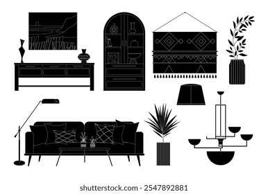 Una colección de decoración interior monocromática de estilo escandinavo y Ilustraciones vectoriales de muebles