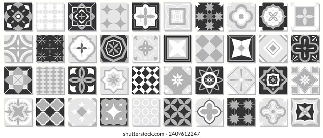 Collection of monochrome seamless geometric mosaic patterns - vintage tile black, white and gray textures. Decorative ornamental abstract backgrounds. Vector repeatable tileable prints