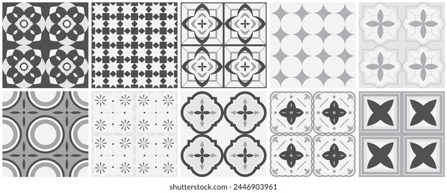 Collection of monochrome seamless geometric mosaic patterns - vintage tile textures. Decorative ornamental abstract backgrounds. Vector gray and white repeatable tileable prints