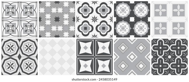 Kollektion von monochromen nahtlosen geometrischen Mosaikmustern - Vintage-Fliesen-Texturen. Dekorative ornamentale abstrakte Hintergründe. Vektorgrafik Graue und weiße wiederholbare Kacheldrucke