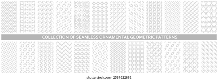 Collection of monochrome seamless geometric patterns. Endless white and gray mosaic textures. Trendy fabric decorative backgrounds. Modern unusual textile prints