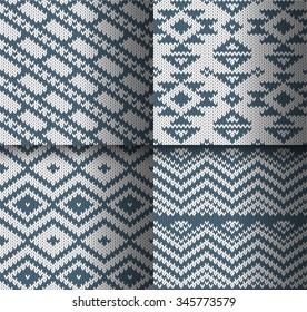 Collection of monochrome seamless knitted patterns with geometric ornament. Vector illustration.