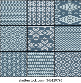 Colección de motivos de punto sin fisuras monocromáticos con adornos geométricos. Ilustración vectorial.