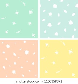 Collection of monochrome seamless patterns with a falling leaf. Calm patterns are great for prints, textiles, covers, gift, wrappers, backdrops.