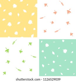 Collection of monochrome seamless patterns with a falling leaf. Calm patterns are great for prints, textiles, covers, gift, wrappers, backdrops.