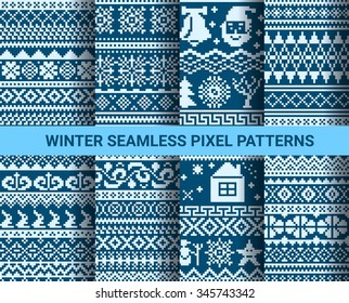 Collection of monochrome seamless pixel patterns with Christmas winter ornament. Vector illustration.
