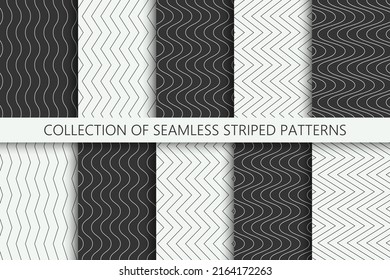 Colección de patrones de rayas sin soldadura monocromo. Zigzag lineal de papel blanco y negro, texturas onduladas. Impresiones textiles minimalistas  