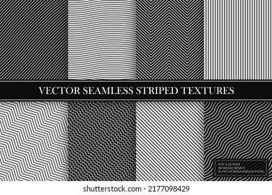 Collection of monochrome seamless striped patterns. Black and white wave and zigzag linear textures. Minimalistic textile prints. You can find endless design in swatches panel.