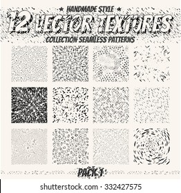 Collection monochrome seamless textures for digital design. Vector patterns for web, textile, fabric and other. Hand-draw dots, lines and all elements. 