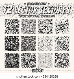Collection monochrome seamless textures for digital design. Vector patterns for web, textile, fabric and other. Hand-draw dots, lines and all elements. 