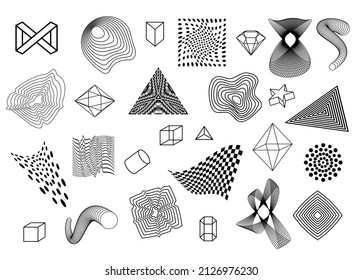 Collection monochrome simple geometric shapes vector illustration. Set black line geometrical figures curved, angled ornament isolated. Squared, triangle, circled futuristic abstract ornate pattern